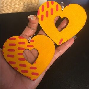 Earrings Heart African Print Large Orange Red Approx 2.5in. OOAK